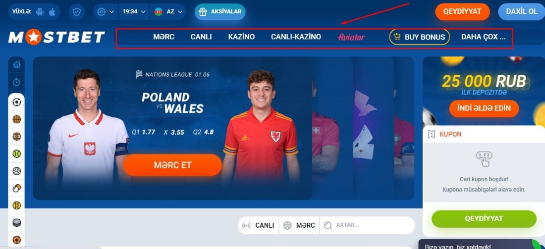 mostbet kazinosunda naviqasiya çubuğu